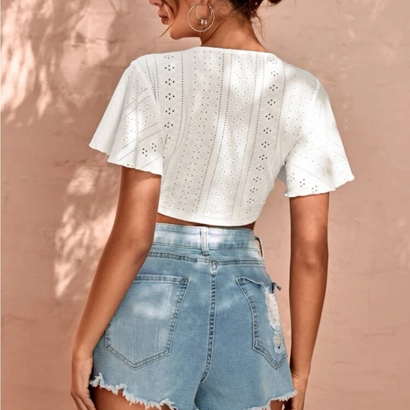 Boho Gypsy Eyelet Butterfly Sleeve Open Front Self Tie Crop Top - Picture 2 of 8